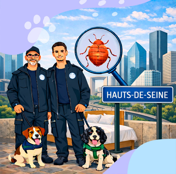 Détection canine de punaises de lit en Hauts-de-Seine avec maîtres-chiens et chiens détecteurs